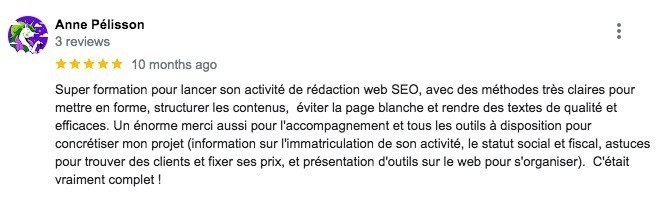 Avis Anne Pélisson pour la formation rédaction web d'Alexandre Montenon