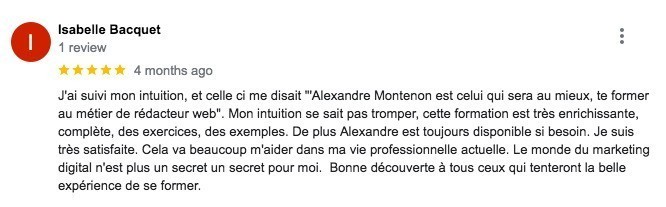 Avis Isabelle Bacquet pour la formation rédaction web d'Alexandre Montenon