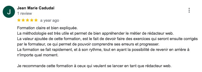 Avis Jean-Marie Caludal pour la formation rédaction web d'Alexandre Montenon