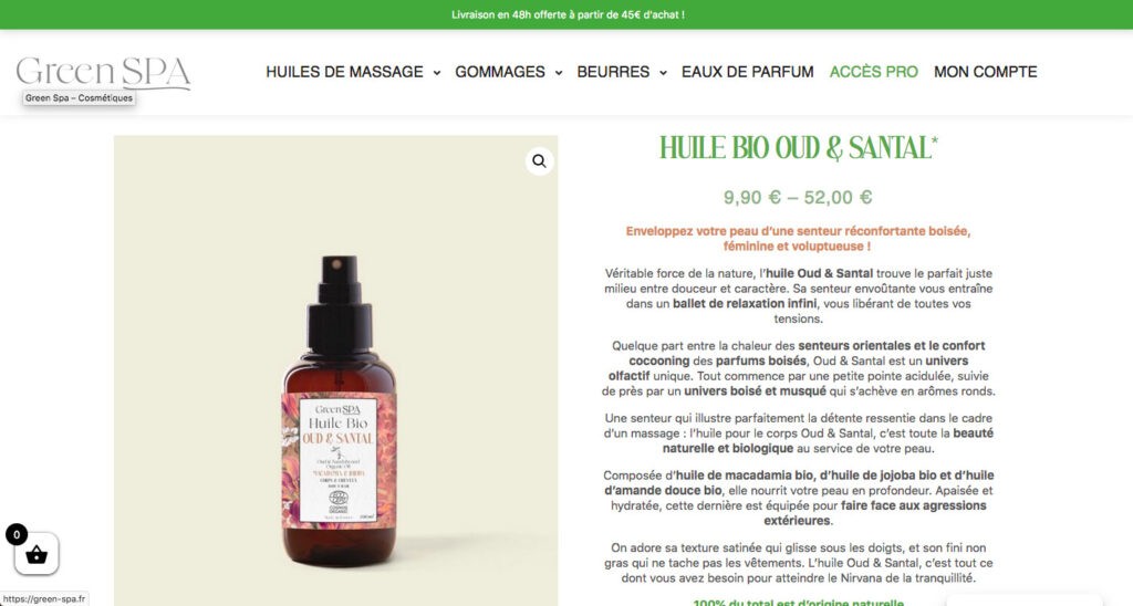 Exemple fiche produit cosmétique Green Spa