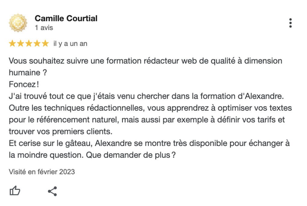 Avis formation rédacteur web Alexandre Montenon | Camille Courtial