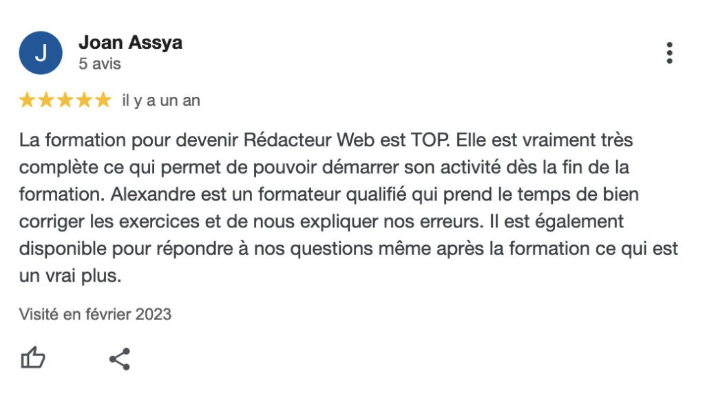 Avis formation rédacteur web Alexandre Montenon | Joan Assya