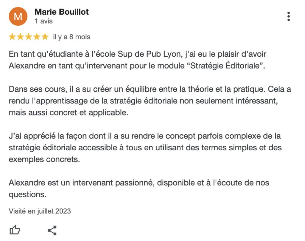Avis formation rédacteur web Alexandre Montenon | Marie Bouillot