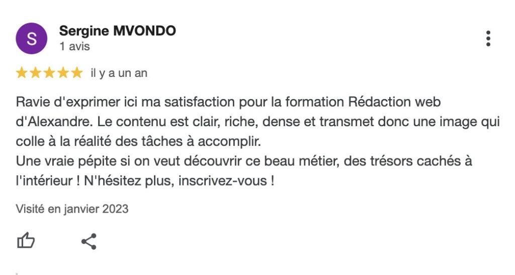 Avis formation rédacteur web Alexandre Montenon | Sergine Mvondo