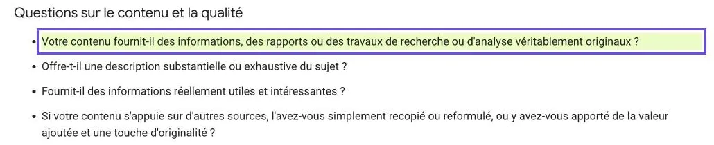 Capture de la page Google Search Central sur le contenu utile : le contenu apporte-t-il des informations, une enquête, une recherche ou une analyse originales ?