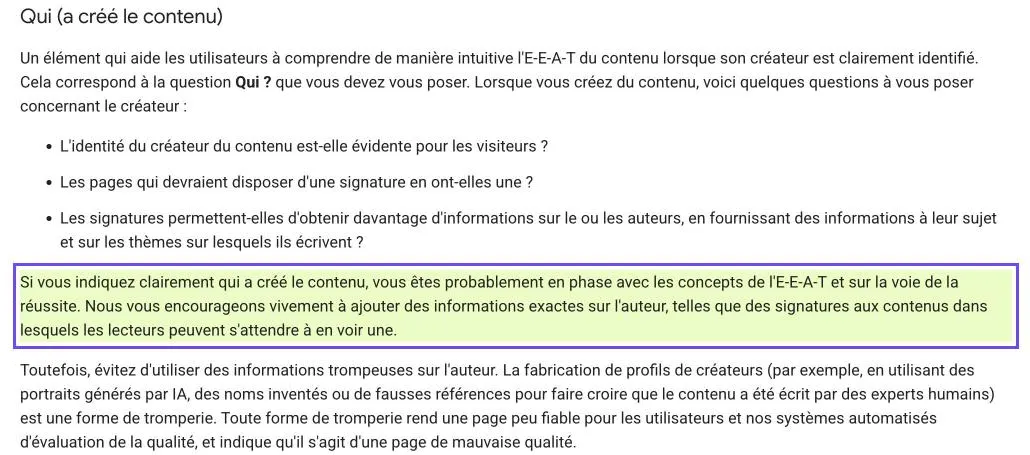 Capture de la page Google Search Central : Google encourage fortement à indiquer des informations d'auteur exactes, comme une signature, là où les lecteurs s'y attendent