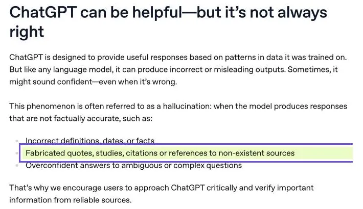 Capture du centre d'aide d'OpenAI : parmi les hallucinations de ChatGPT, des citations, études et références à des sources qui n'existent pas