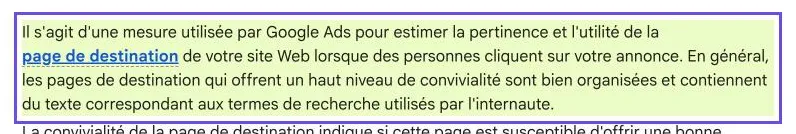 Capture de l'aide Google Ads : les pages de destination les plus conviviales sont bien organisées et reprennent les termes de recherche de l'internaute
