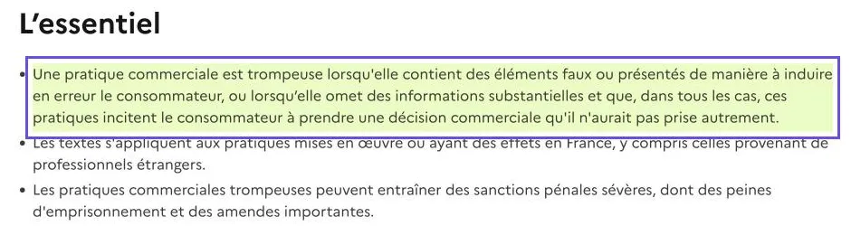 Capture de la fiche DGCCRF : une pratique commerciale est trompeuse lorsqu'elle contient des éléments faux ou de nature à induire le consommateur en erreur