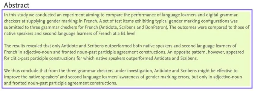 Capture du résumé de l'étude de l'université d'Utrecht : seuls Antidote et Scribens ont fait mieux que les francophones natifs et les apprenants sur les accords adjectif-nom et participe passé avec nom antéposé