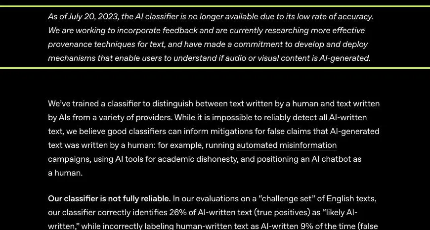 Capture de la page d'OpenAI : depuis le 20 juillet 2023, le classifieur de textes IA n'est plus disponible en raison de son faible taux de précision