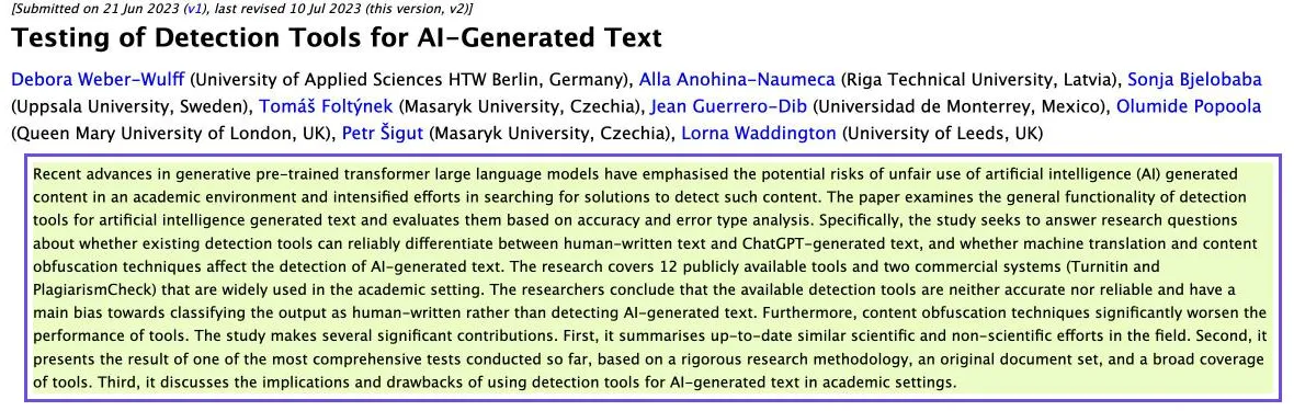 Capture du résumé de l'étude de Weber-Wulff et al. sur arXiv : les chercheurs concluent que les outils de détection disponibles ne sont ni précis ni fiables