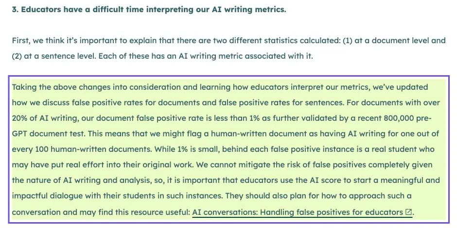 Capture du blog de Turnitin : pour les documents comportant plus de 20 % d'écriture IA, le taux de faux positifs par document est inférieur à 1 %
