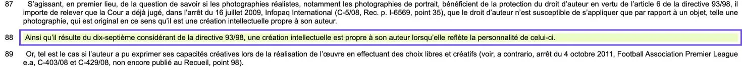 Capture de l'arrêt Painer sur EUR-Lex : une création intellectuelle est propre à son auteur lorsqu'elle reflète la personnalité de celui-ci