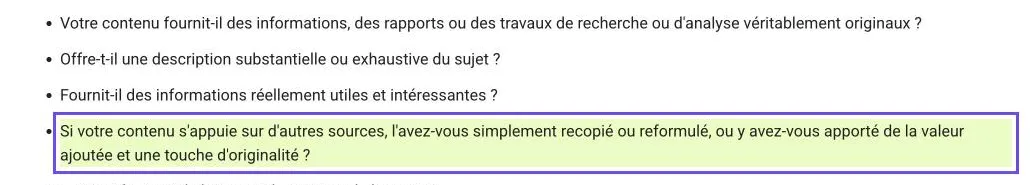 Capture de la page Google sur les contenus utiles : un contenu qui s'appuie sur d'autres sources doit apporter de la valeur ajoutée et de l'originalité