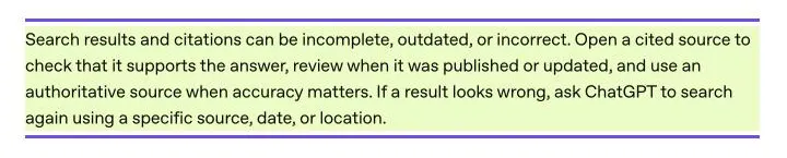 Capture de l'aide OpenAI : les résultats de recherche et les citations de ChatGPT peuvent être incomplets, obsolètes ou incorrects