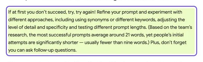 Capture du blog de Google : les prompts les plus efficaces font environ 21 mots en moyenne, alors que les premiers essais font souvent moins de neuf mots