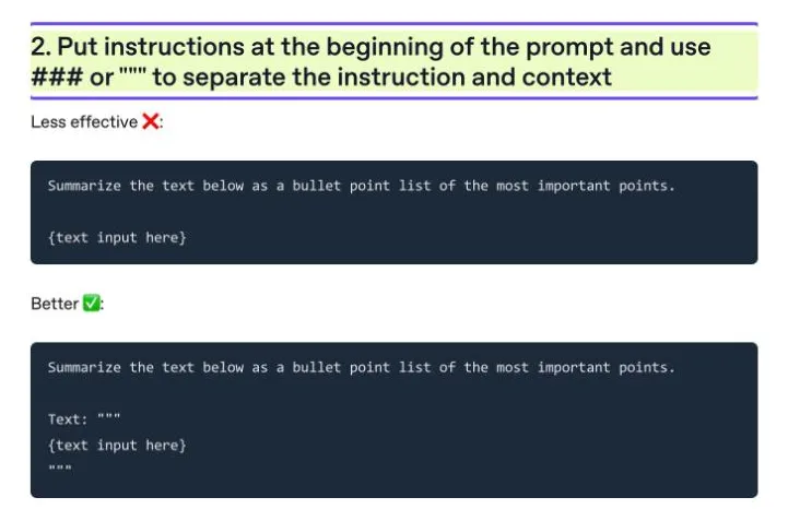 Capture de l'aide OpenAI : placer les instructions au début du prompt et les séparer du contexte avec ### ou des triples guillemets