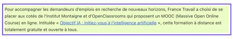 Capture de la page France Travail : la formation à distance Objectif IA est totalement gratuite et ouverte à tous