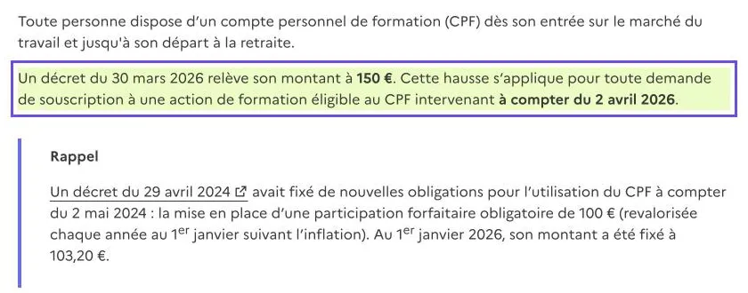 Capture de Service-Public.fr : la hausse de la participation forfaitaire à 150 euros s'applique à toute demande de formation éligible au CPF