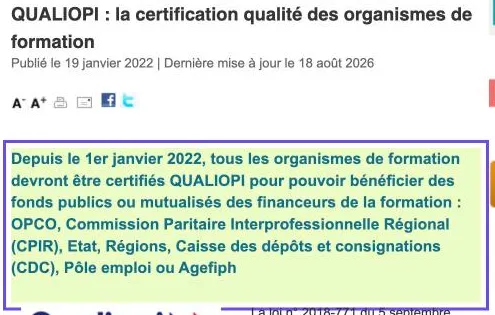 Capture de la page de la DREETS Normandie : depuis le 1er janvier 2022, les organismes de formation doivent être certifiés Qualiopi pour bénéficier des fonds publics ou mutualisés