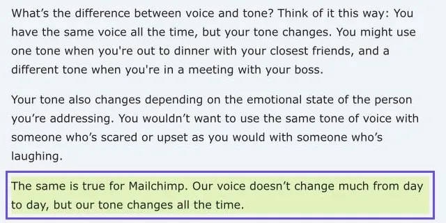 Capture du guide de style de Mailchimp : la voix de la marque change peu d'un jour à l'autre, alors que le ton change en permanence