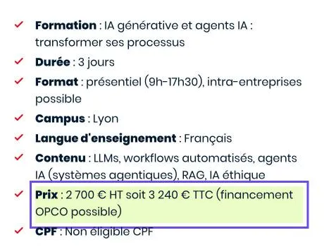 Capture de la page emlyon : la formation de trois jours coûte 2 700 euros HT, soit 3 240 euros TTC, avec un financement OPCO possible