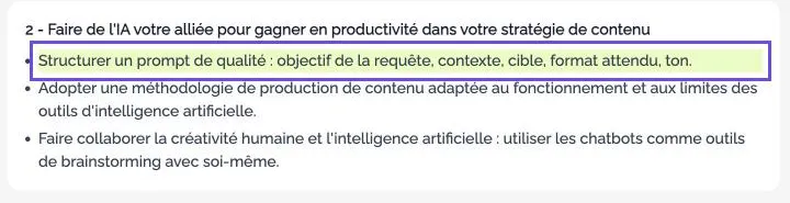 Capture du programme de la formation Cegos : structurer un prompt de qualité avec l'objectif de la requête, le contexte, la cible, le format attendu et le ton
