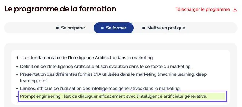 Capture du programme Cegos : le prompt engineering, présenté comme l'art de dialoguer efficacement avec l'IA générative, figure dès la première partie