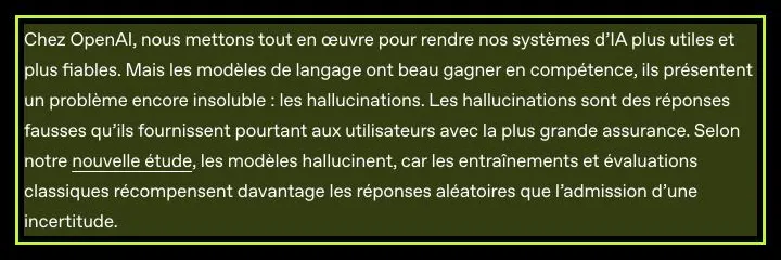 Capture de l'article d'OpenAI : les modèles de langage hallucinent parce que l'entraînement et les évaluations récompensent le fait de deviner plutôt que de reconnaître l'incertitude