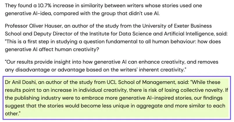 Capture de l'article de l'UCL : selon les chercheurs, les histoires deviendraient moins uniques dans leur ensemble et plus semblables entre elles