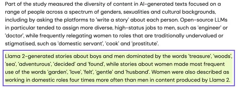 Capture de l'article de l'UCL sur l'étude UNESCO : dans les contenus produits par Llama 2, les femmes étaient décrites dans des rôles domestiques quatre fois plus souvent que les hommes