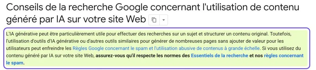 Capture de la page Google Search Central : l'IA générative peut aider à structurer un contenu original, mais générer de nombreuses pages sans valeur ajoutée peut enfreindre les règles anti-spam