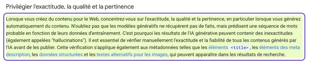 Capture de la page Google Search Central : vérifier manuellement l'exactitude des contenus générés par IA et de leurs métadonnées avant publication
