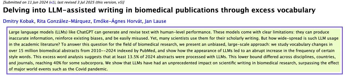Capture du résumé de l'étude de Kobak et al. sur arXiv : au moins 13,5 % des résumés biomédicaux de 2024 auraient été traités avec un modèle de langage