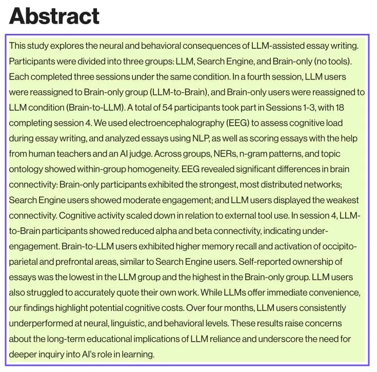 Capture de la page du MIT Media Lab : les participants passés de l'écriture sans outil à l'usage d'un LLM montraient une meilleure mémorisation