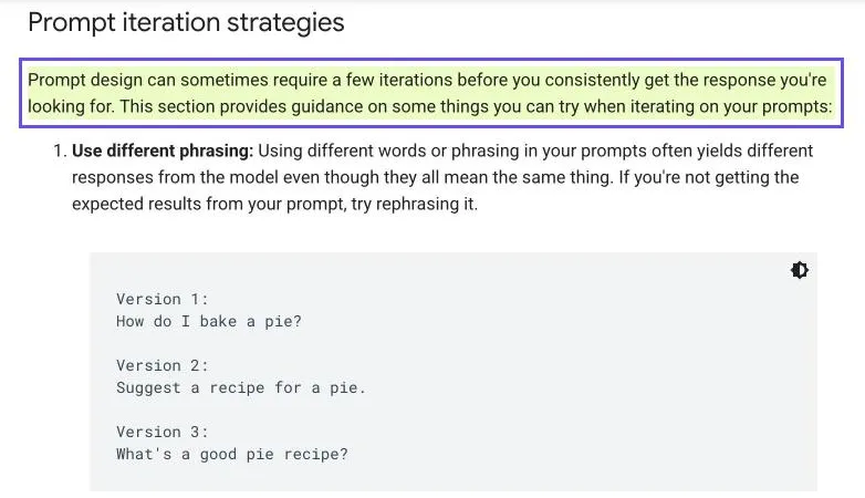 Capture du guide Google sur la conception de prompts : il faut parfois plusieurs itérations avant d'obtenir régulièrement la réponse attendue