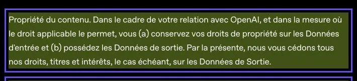 Capture des conditions d'utilisation d'OpenAI : l'utilisateur conserve ses droits sur les données d'entrée, possède les données de sortie, et OpenAI lui cède ses droits éventuels