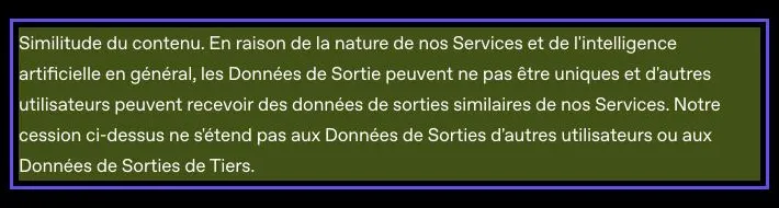 Capture des conditions d'utilisation d'OpenAI : les données de sortie peuvent ne pas être uniques, et d'autres utilisateurs peuvent recevoir des sorties similaires