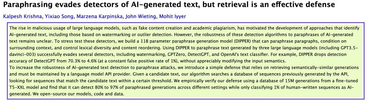 Capture du résumé de l'étude sur arXiv : le paraphraseur DIPPER fait chuter la précision du détecteur DetectGPT de 70,3 % à 4,6 %, sans modifier sensiblement le sens