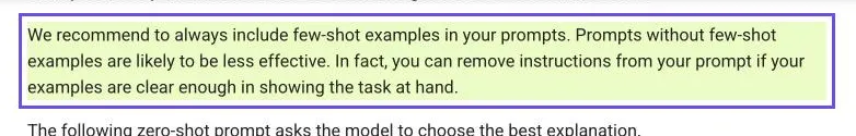 Capture de la documentation Gemini de Google : inclure toujours des exemples dans les prompts, un prompt sans exemple risque d'être moins efficace