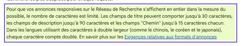 Capture de l'aide Google Ads : les titres des annonces responsives sont limités à 30 caractères et les descriptions à 90 caractères