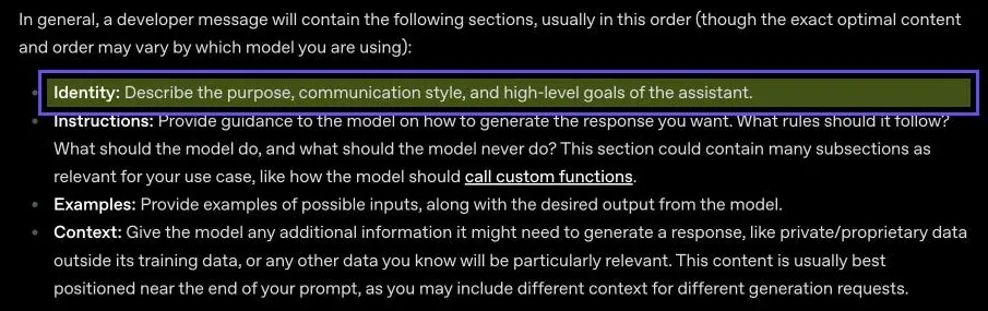 Capture du guide OpenAI : la section identité décrit l'objectif, le style de communication et les buts généraux de l'assistant