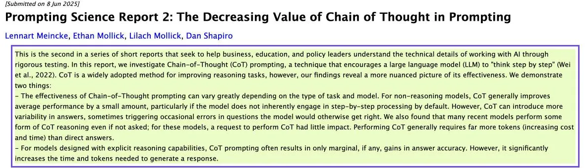 Capture du résumé du rapport de Wharton sur arXiv : avec les modèles de raisonnement, la chaîne de pensée n'apporte souvent qu'un gain marginal