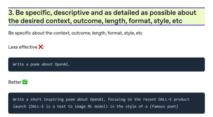 Capture de la page de bonnes pratiques d'OpenAI : être précis et détaillé sur le contexte, le résultat attendu, la longueur, le format et le style