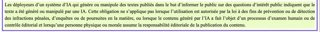 Capture du règlement européen sur l'IA, article 50 paragraphe 4, sur EUR-Lex : indiquer qu'un texte d'intérêt public a été généré par une IA, sauf examen humain et responsabilité éditoriale