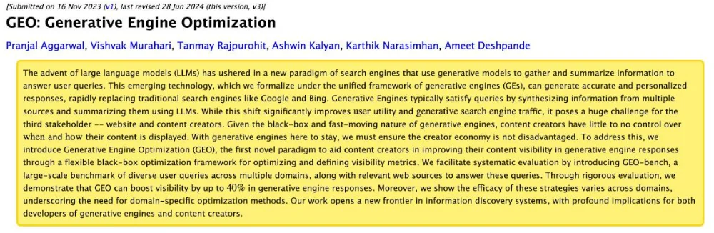 Capture de la page arXiv de l'étude GEO : la méthode peut augmenter la visibilité d'un contenu jusqu'à 40 % dans les réponses des moteurs génératifs