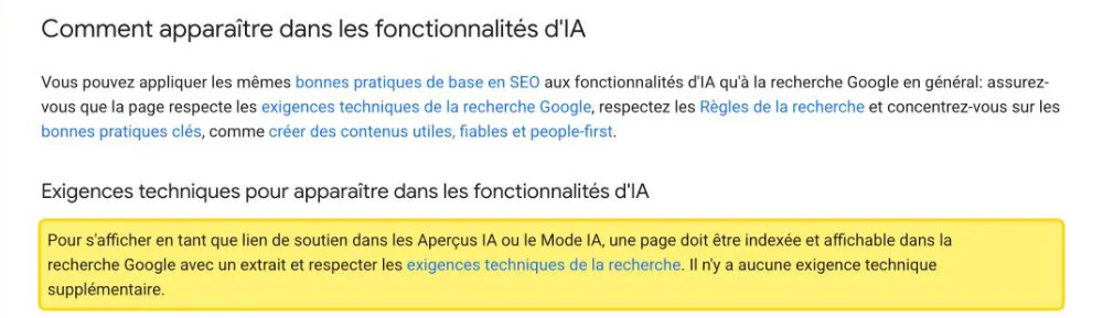 Capture de la documentation Google Search Central : pour apparaître dans les Aperçus IA et le Mode IA, une page doit être indexée et affichable avec un extrait, sans exigence technique supplémentaire